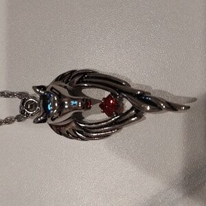 Stainless Steel Wolf Head And Angel Wings with red CZ Pendant Necklace 21 inches